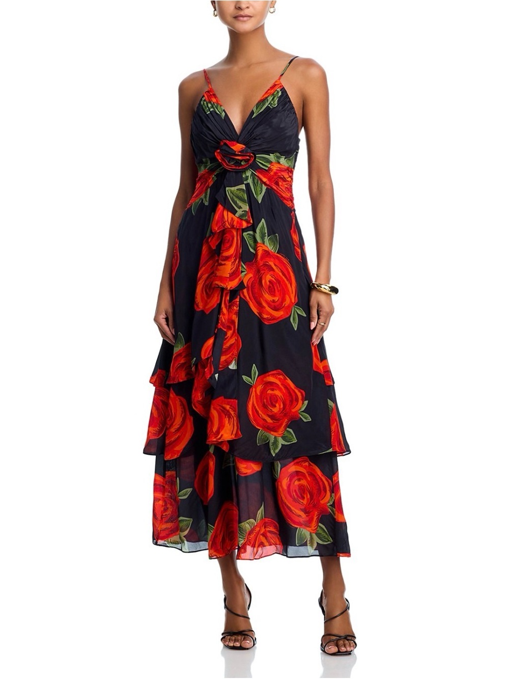 FARM Rio Latin Roses Black Floral Ruffle Maxi Dress Size XS